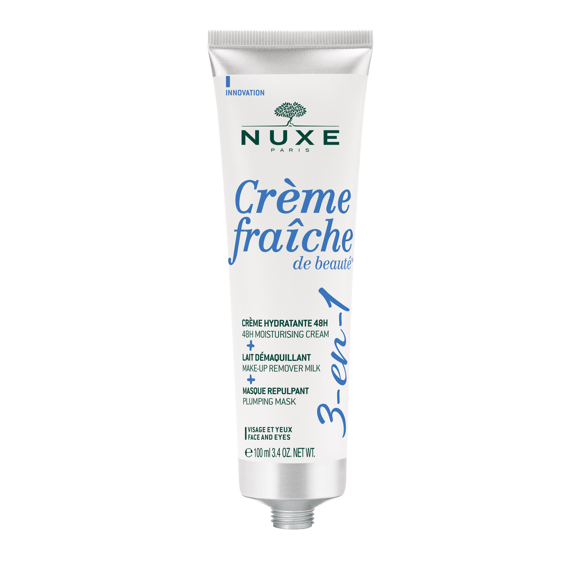Nuxe Crème Fraîche® De Beautè 3-In-1, Crema Idratante 48H, Latte Struccante, Maschera Rimpolpante 100 ml.