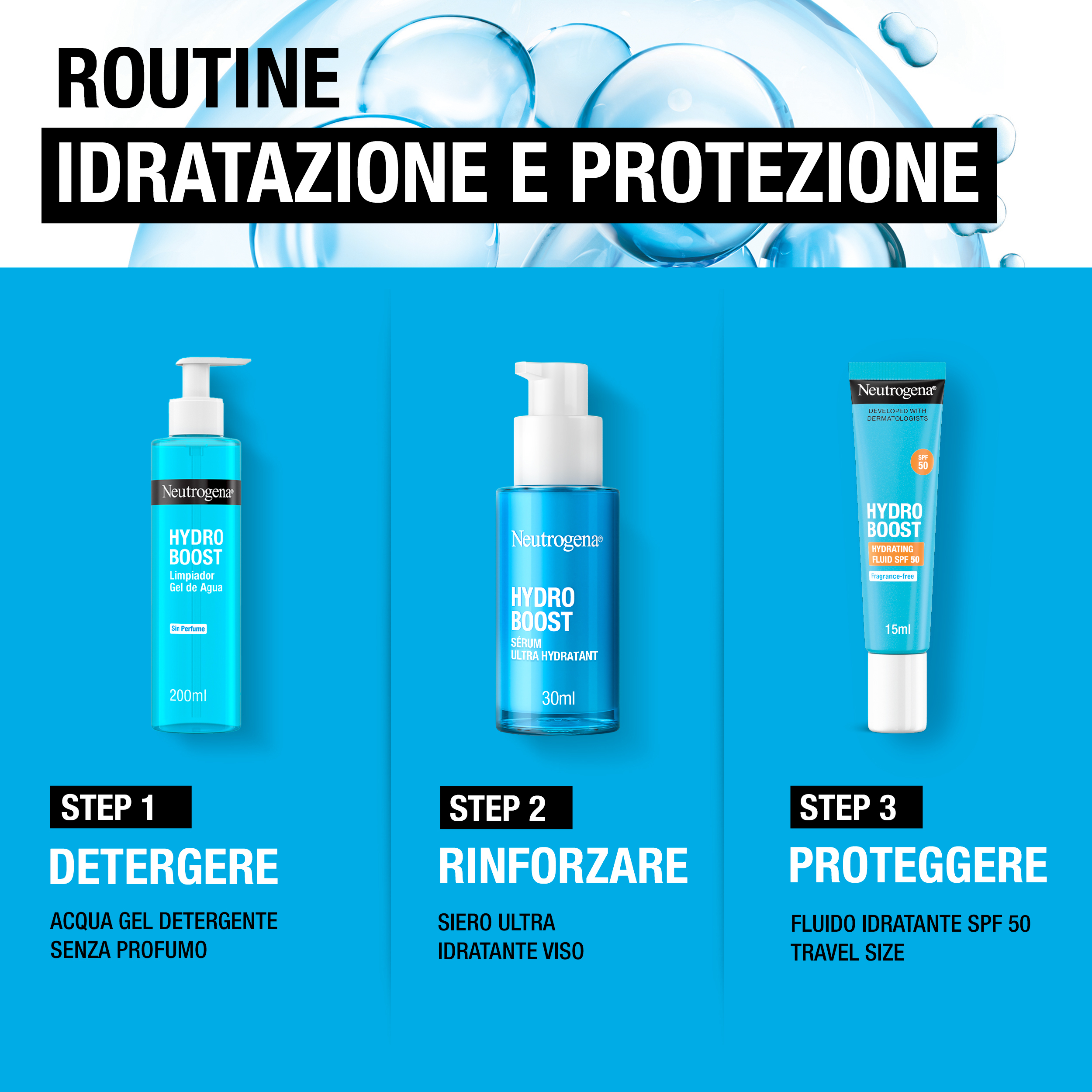 Neutrogena Idratazione e Protezione Hydro Boost Detergente 200 ml + Siero 30 ml + Fluido SPF50 15ml Neutrogena Idratazione e Protezione Hydro Boost Detergente 200 ml + Siero 30 ml + Fluido SPF50 15ml