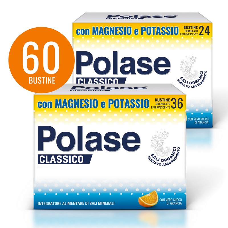 Polase Classico Magnesio e Potassio Integratore Alimentare Sali Minerali Gusto Arancia, 24+36 Bustine