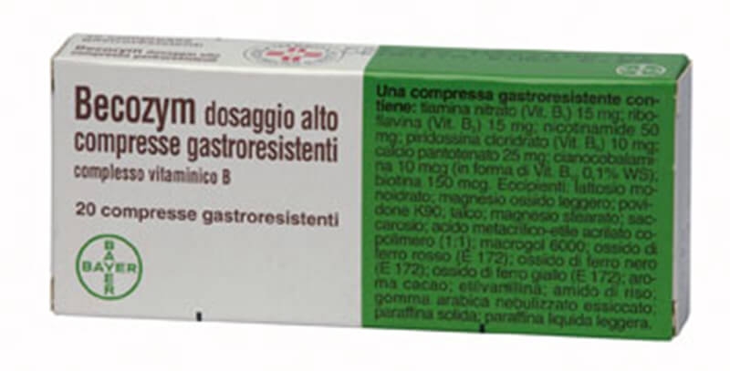 Becozym, Alto Dosaggio Vitamine gruppo B, Vitamina B1, B2, B3, B6, B5, B12 e B7, 20 Compresse Gastroresistenti