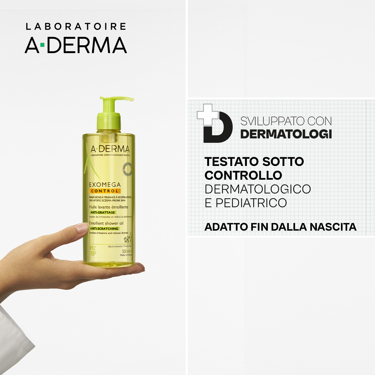 A-Derma Exomega Control Olio lavante emolliente  “anti-grattage”, pelle secca a tendenza atopica, 500ml