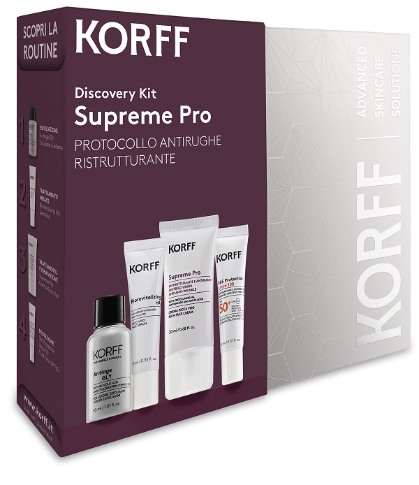 Korff Discovery kit supreme pro/antiage soluzione esfoliante 30 ml + siero Biorevitalizing 10 ml + crema Supreme Pro 20 ml + Protezione Ultra 15 ml