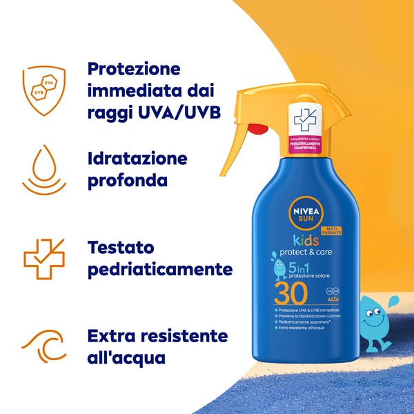 Nivea Sun Spray Solare Kids Protect & Care FP30 270 ml, Crema solare per bambini waterproof