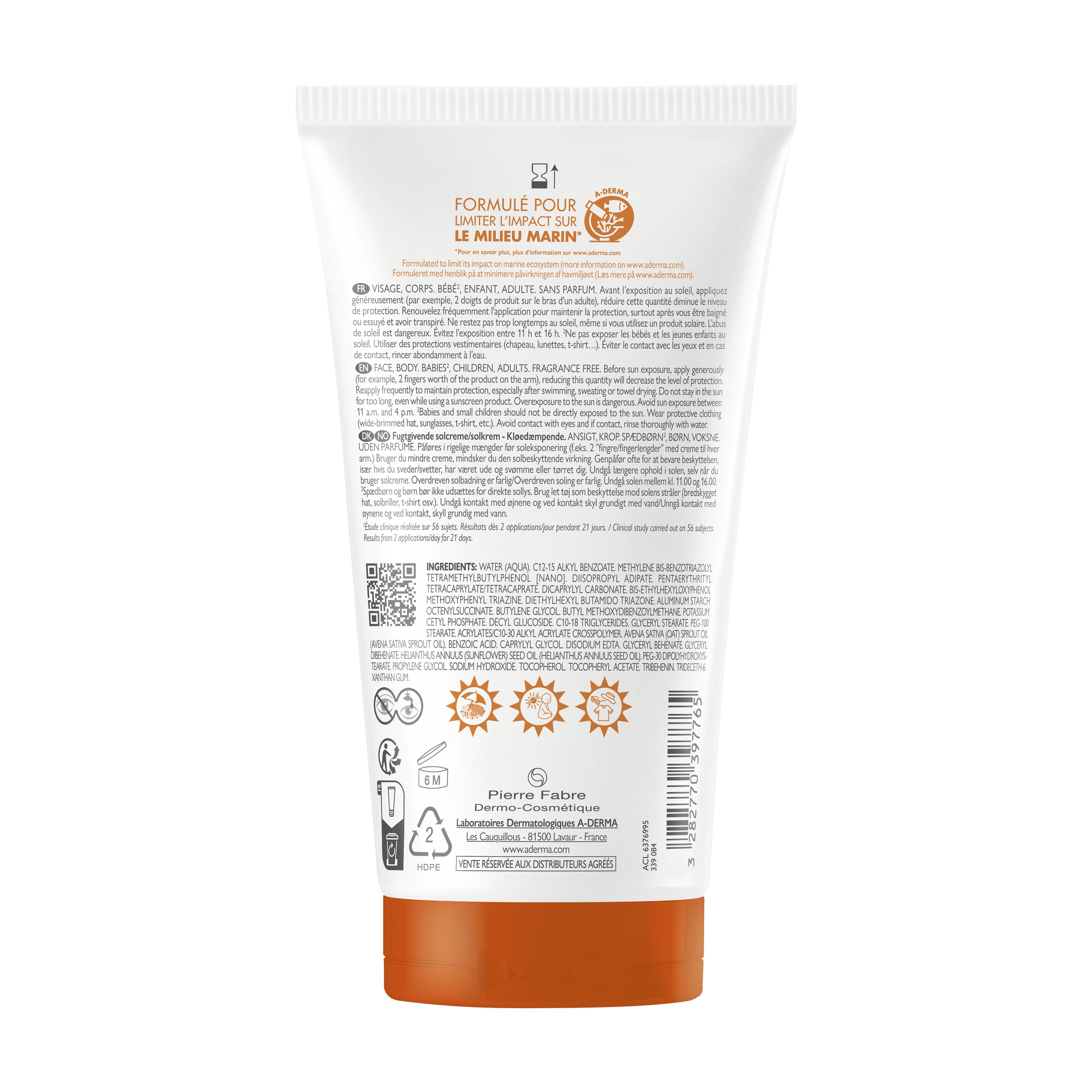 A-Derma - Exomega Control - Crema Solare Emolliente SPF50+ Viso E Corpo 150 ml