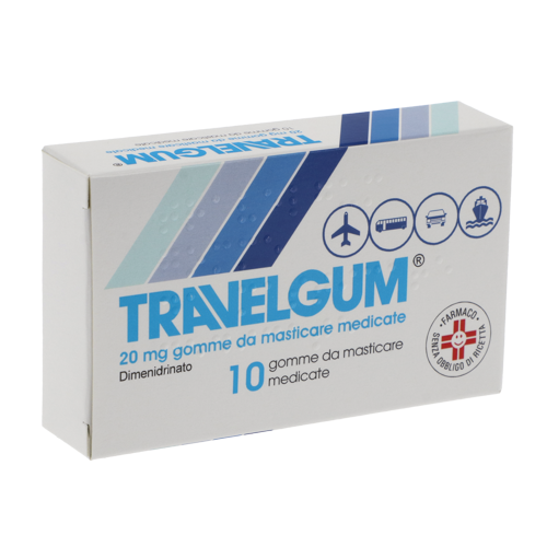 Travelgum 20 mg - Antichinetosico per malessere da viaggio - 10 gomme masticabili - Medifarm srl Travelgum 20 mg - Antichinetosico per malessere da viaggio - 10 gomme masticabili - Medifarm srl