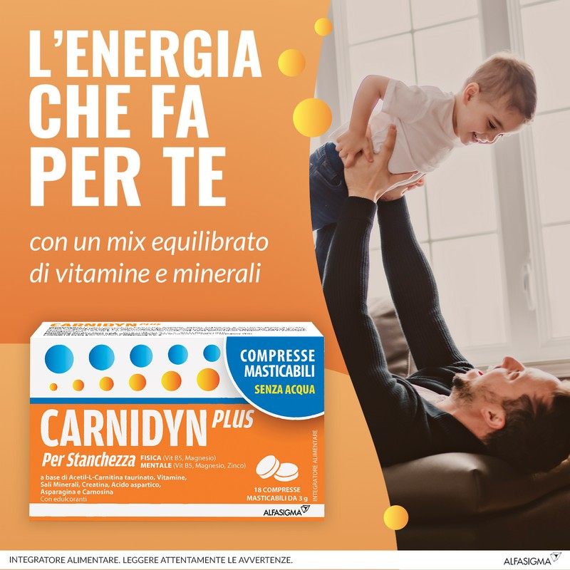 Carnidyn Plus Integratore Alimentare a base di Sali minerali, Carnitina, vitamine, per Stanchezza Mentale e Fisica, utile in caso di spossatezza, 18 Compresse Masticabili Senza Acqua da 3g, Gusto Agrumi Carnidyn Plus Integratore Alimentare a base di Sali minerali, Carnitina, vitamine, per Stanchezza Mentale e Fisica, utile in caso di spossatezza, 18 Compresse Masticabili Senza Acqua da 3g, Gusto Agrumi