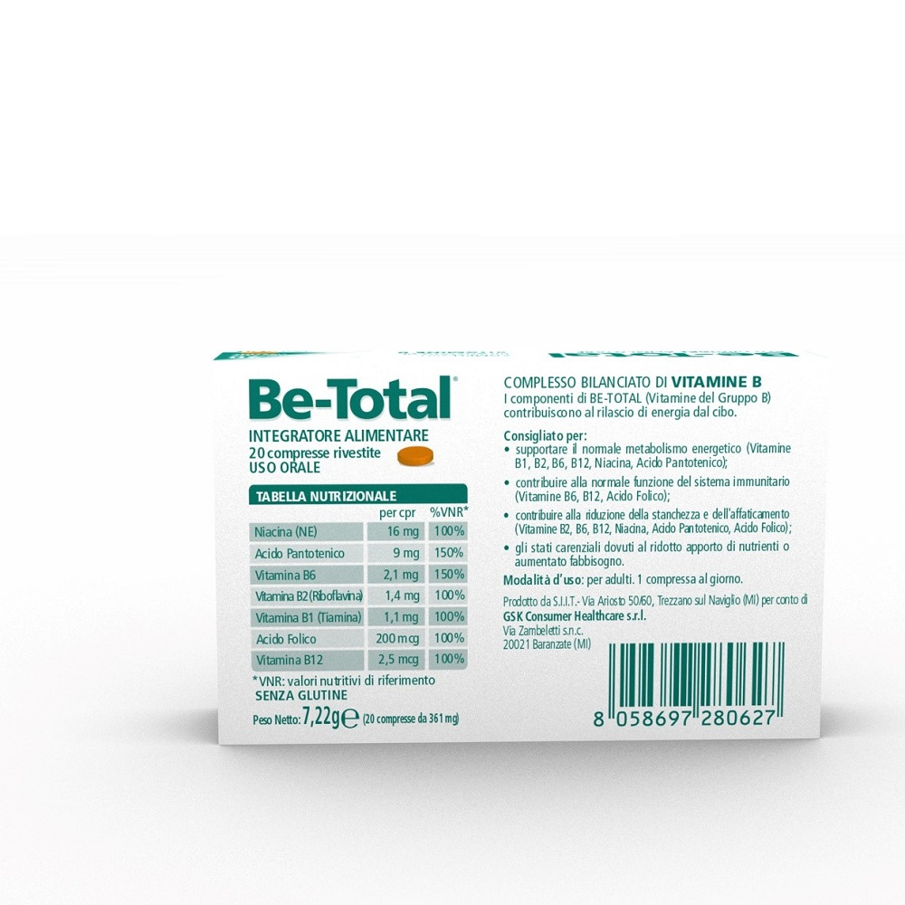 Be-Total Integratore Alimentare Vitamina B Vitamina B12 Acido Folico Energia per Adulti 20 Cpr