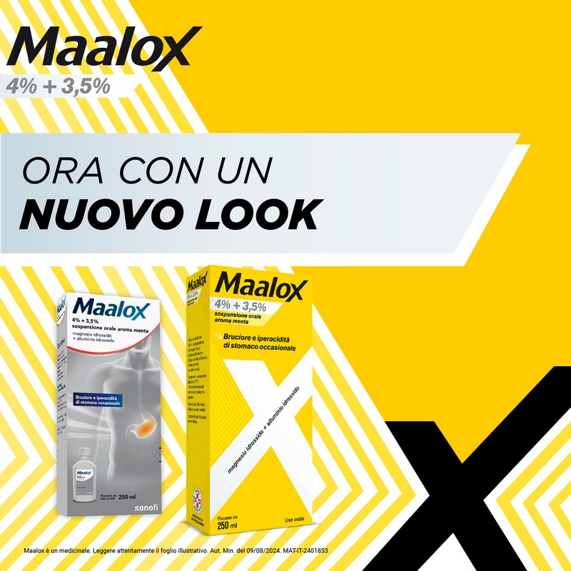 Maalox 400+400 sospensione orale, contro acidità di stomaco occasionale, 250 ml Maalox 400+400 sospensione orale, contro acidità di stomaco occasionale, 250 ml