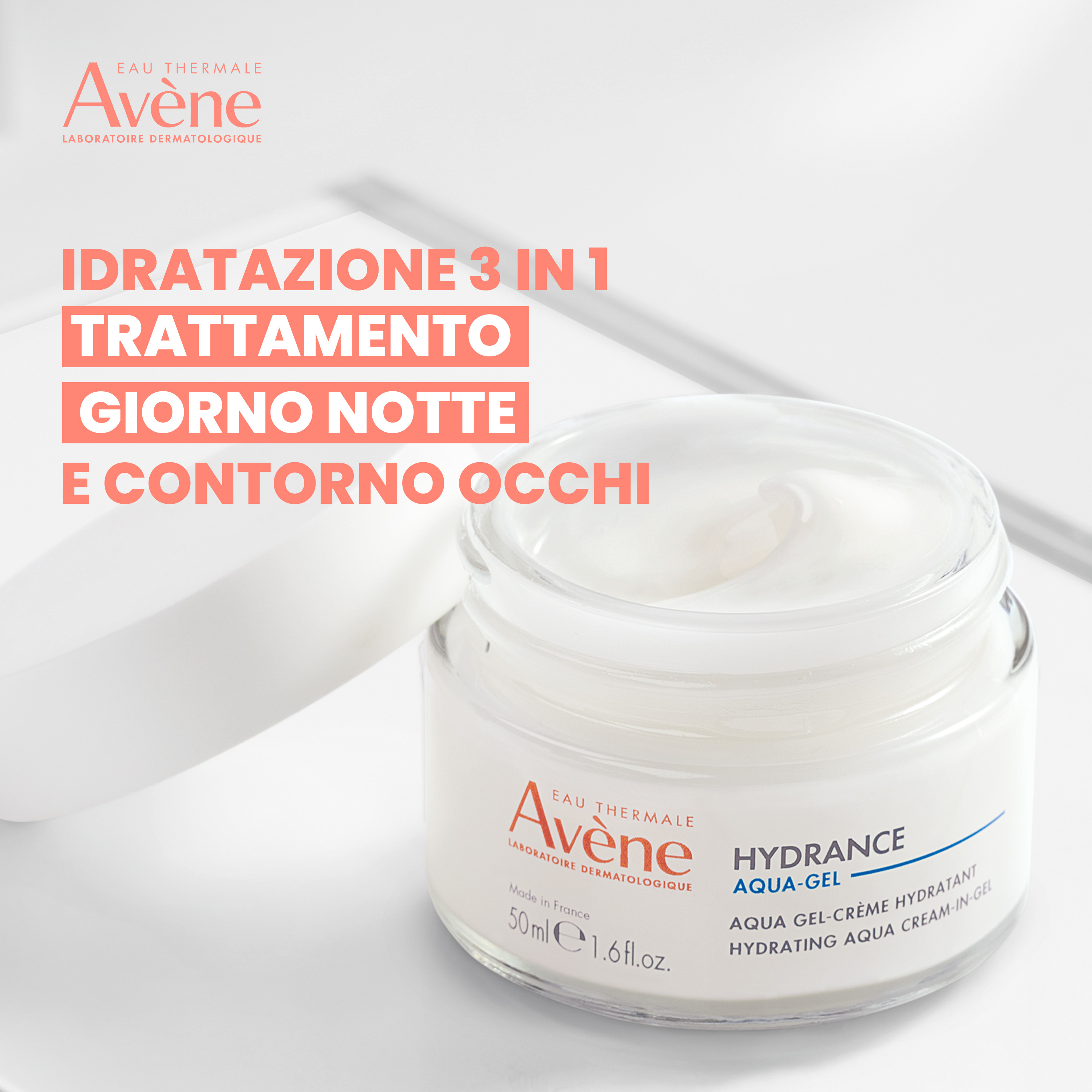 Eau Thermale Avène Hydrance Aqua Gel-Crema Idratante, Trattamento 4in1 (giorno, notte, maschera e contorno occhi), Idratazione 72h, con Aloe vera e Acido ialuronico, Pelle secca e disidratata, 50ml 