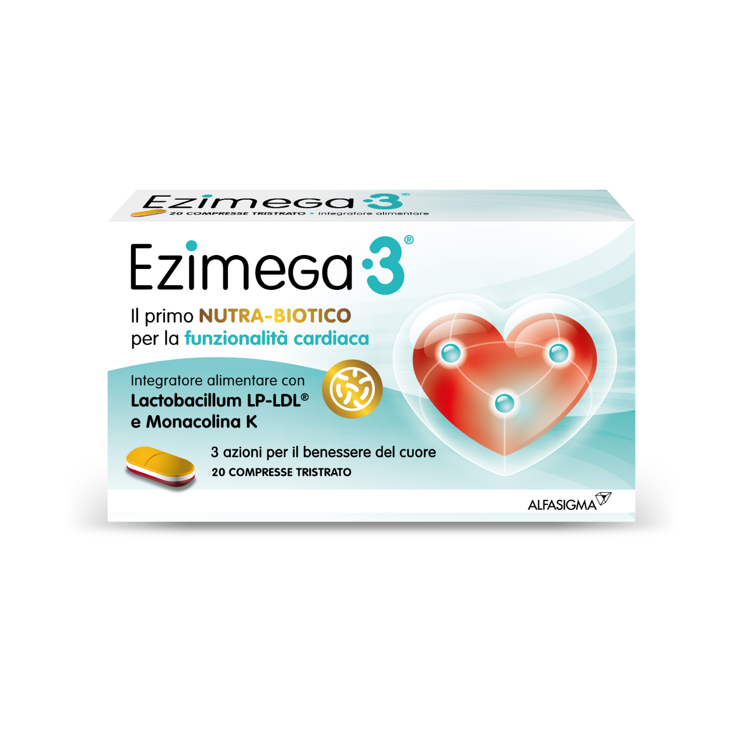 Ezimega 3, Integratore per il Colesterolo a Base di Monacolina K, Resveratrolo, Coenzima Q10, Lp-Ldl Probiotico Lactobacillus Plantarum, Acido Folico, utile per il controllo di colesterolo e trigliceridi, 20 Compresse