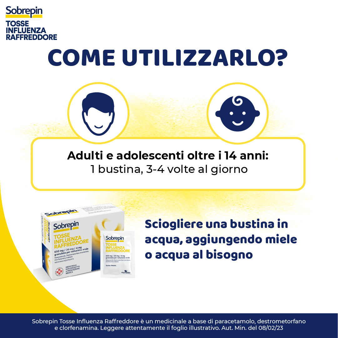 SOBREPIN TOSSE INFLUENZA RAFFREDDORE*orale grat 10 buste 650 mg + 20 mg + 4 mg SOBREPIN TOSSE INFLUENZA RAFFREDDORE*orale grat 10 buste 650 mg + 20 mg + 4 mg