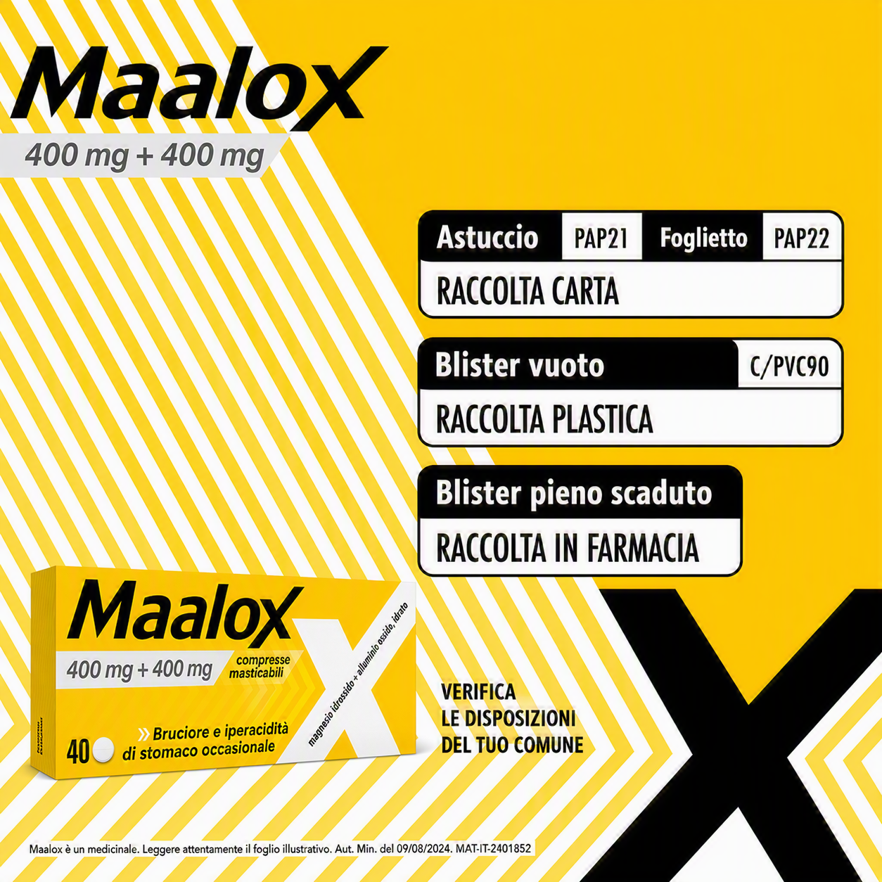 Maalox 400 mg + 400 mg - 40 Compresse Masticabili Contro Bruciore E Iperacidità Di Stomaco Occasionale