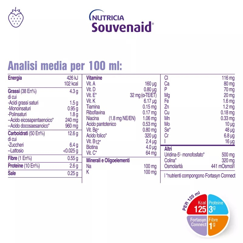 Souvenaid Fragola alimento a fini speciali per il trattamento nutrizionale del declino cognitivo legato all'età 4x125ml