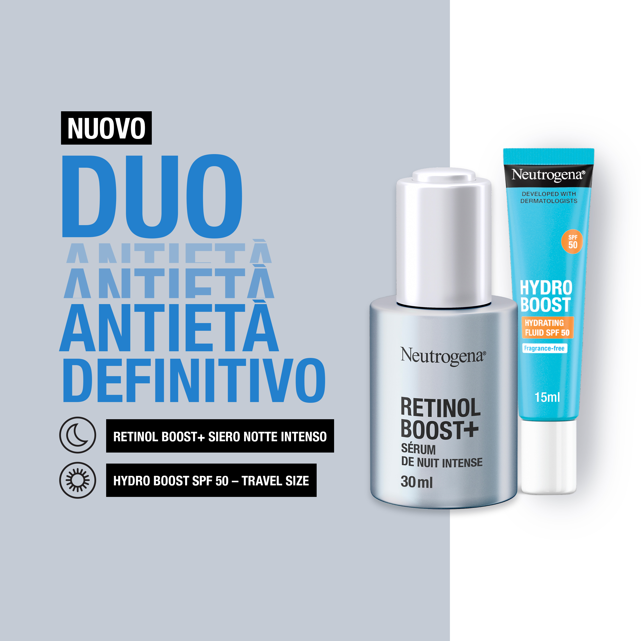Neutrogena Duo Anti-Età e Protezione Retinol Boost Siero 30 ml + Hydro Boost Fluido SPF50 15 ml Neutrogena Duo Anti-Età e Protezione Retinol Boost Siero 30 ml + Hydro Boost Fluido SPF50 15 ml