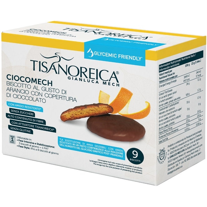 Tisanoreica CiocoMech - Biscotto Scorza D'Arancio e Cioccolato -GLYCEMIC FRIENDLY - Senza Glutine 9x13g  Tisanoreica CiocoMech - Biscotto Scorza D'Arancio e Cioccolato -GLYCEMIC FRIENDLY - Senza Glutine 9x13g