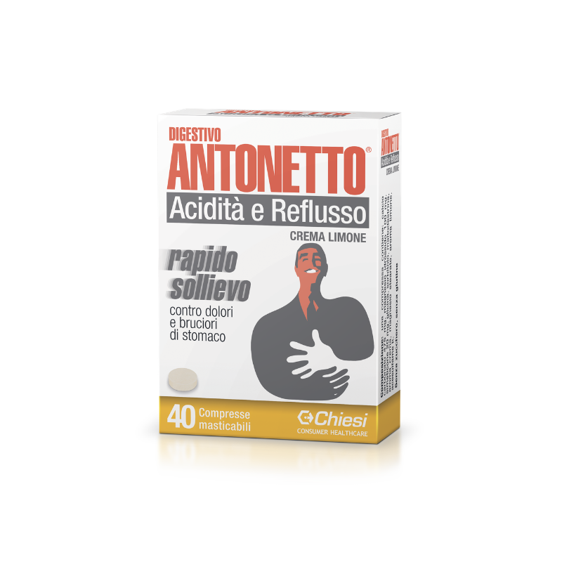 Digestivo Antonetto Acidità E Reflusso Gusto Limone - 40 Compresse Masticabili Contro Bruciori Di Stomaco