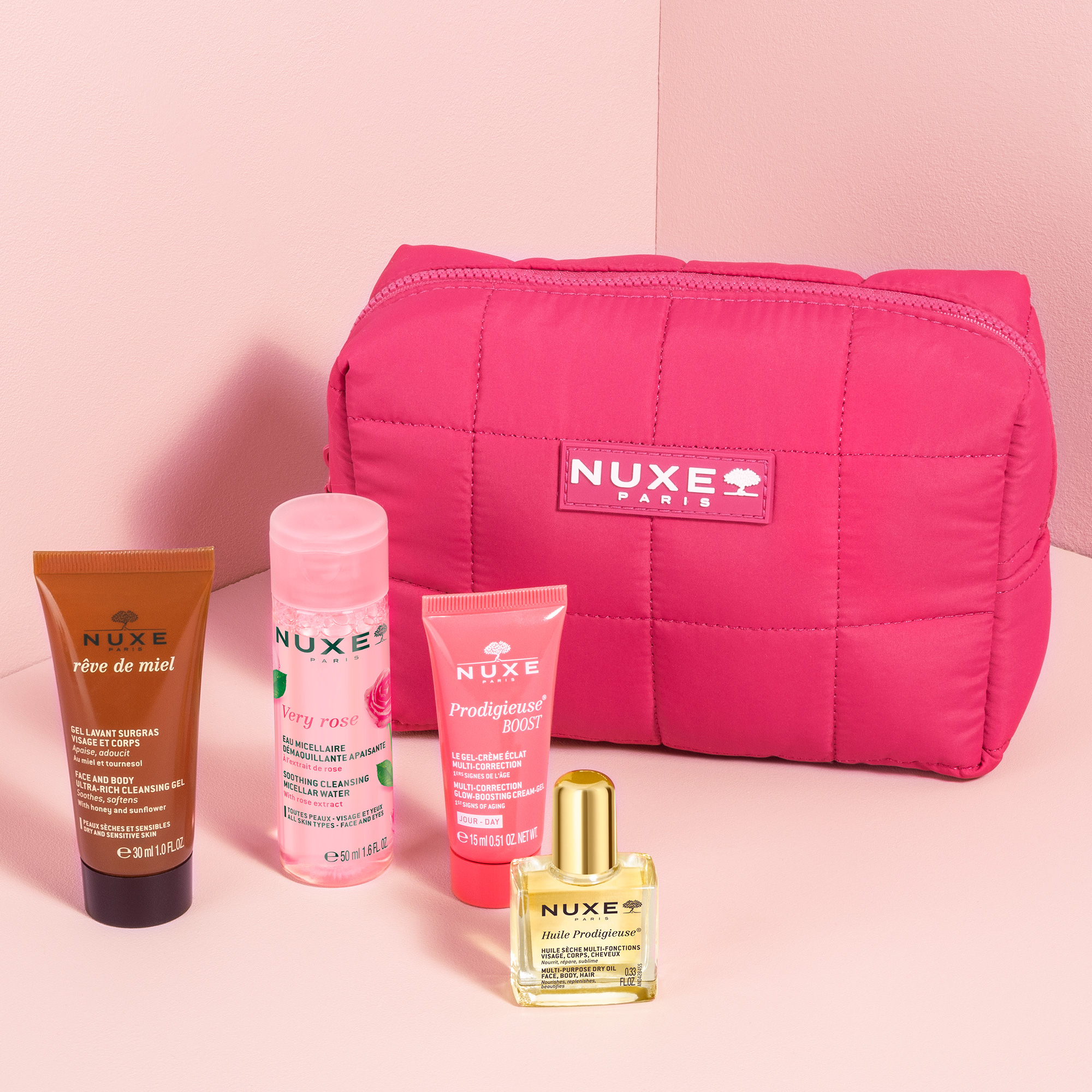 Nuxe - Trousse My Travel Essential - Acqua Micellare 50 ml + Crema Gel Illuminante 15 ml + Huile Prodigieuse 10 ml + Gel Viso E Corpo 30 ml