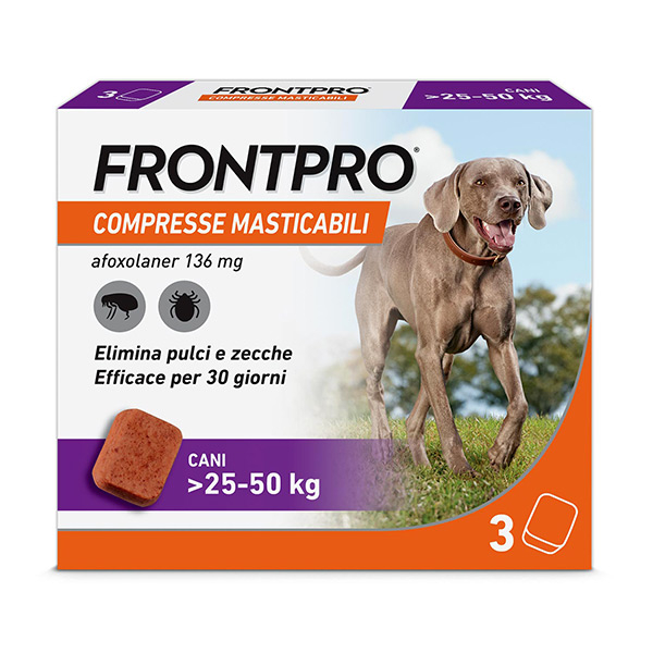 FRONTPRO x3 Compresse Masticabili Antiparassitario Per Cani (25-50Kg) Contro Pulci, Zecche, Uova e Larve