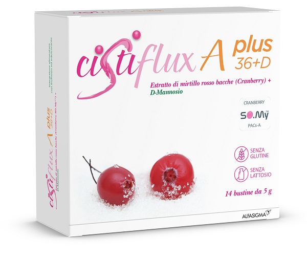 Cistiflux a Plus 36Ed, Integratore a Base di Estratto di Mirtillo Rosso, Cranberry Americano, e D-Mannosio, per Favorire Una Corretta Funzionalità delle Vie Urinarie, utile in caso di cistite, 14 Bustine, Gusto Frutti di Bosco