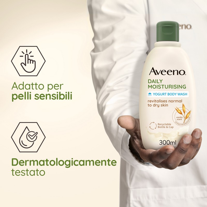 Aveeno Bagnoschiuma Daily Moisturising, Bagnodoccia Idratante per Pelle Secca e Normale Senza Sapone, Yogurt Vaniglia e Avena 300 ml Aveeno Bagnoschiuma Daily Moisturising, Bagnodoccia Idratante per Pelle Secca e Normale Senza Sapone, Yogurt Vaniglia e Avena 300 ml
