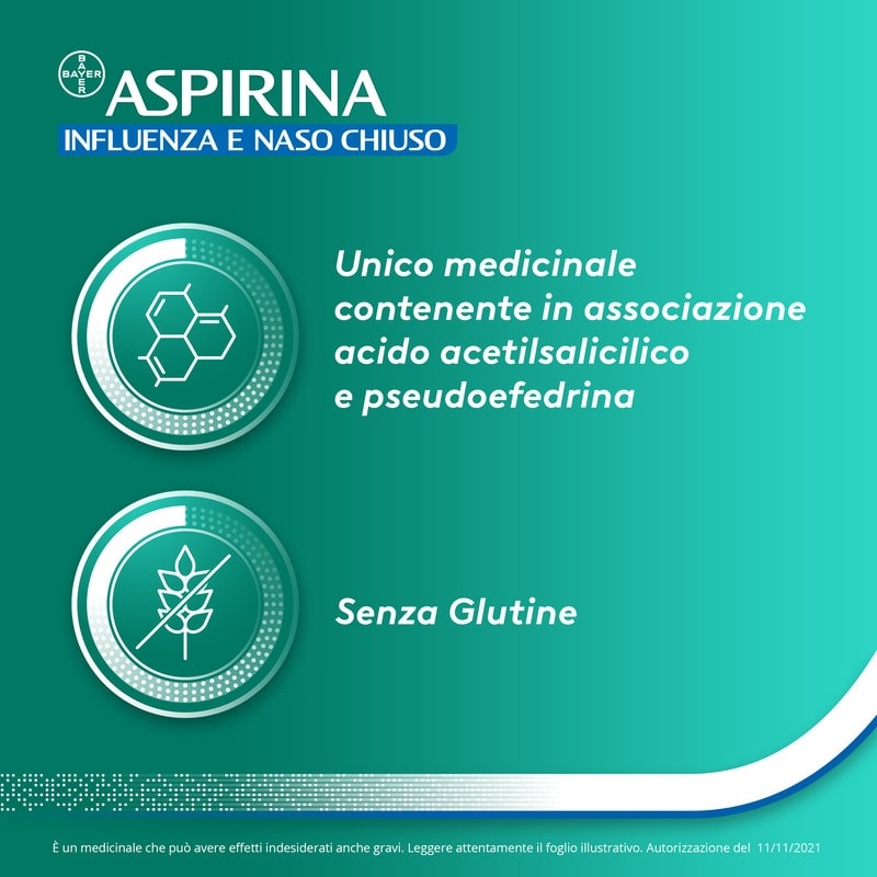 Aspirina Influenza e Naso Chiuso, Granulato per Soluzione Orale, 500mg Acido Acetilsalicilico + 30mg Pseudoefedrina, Effetto Antipiretico e Decongestionante, 20 Bustine Aspirina Influenza e Naso Chiuso, Granulato per Soluzione Orale, 500mg Acido Acetilsalicilico + 30mg Pseudoefedrina, Effetto Antipiretico e Decongestionante, 20 Bustine