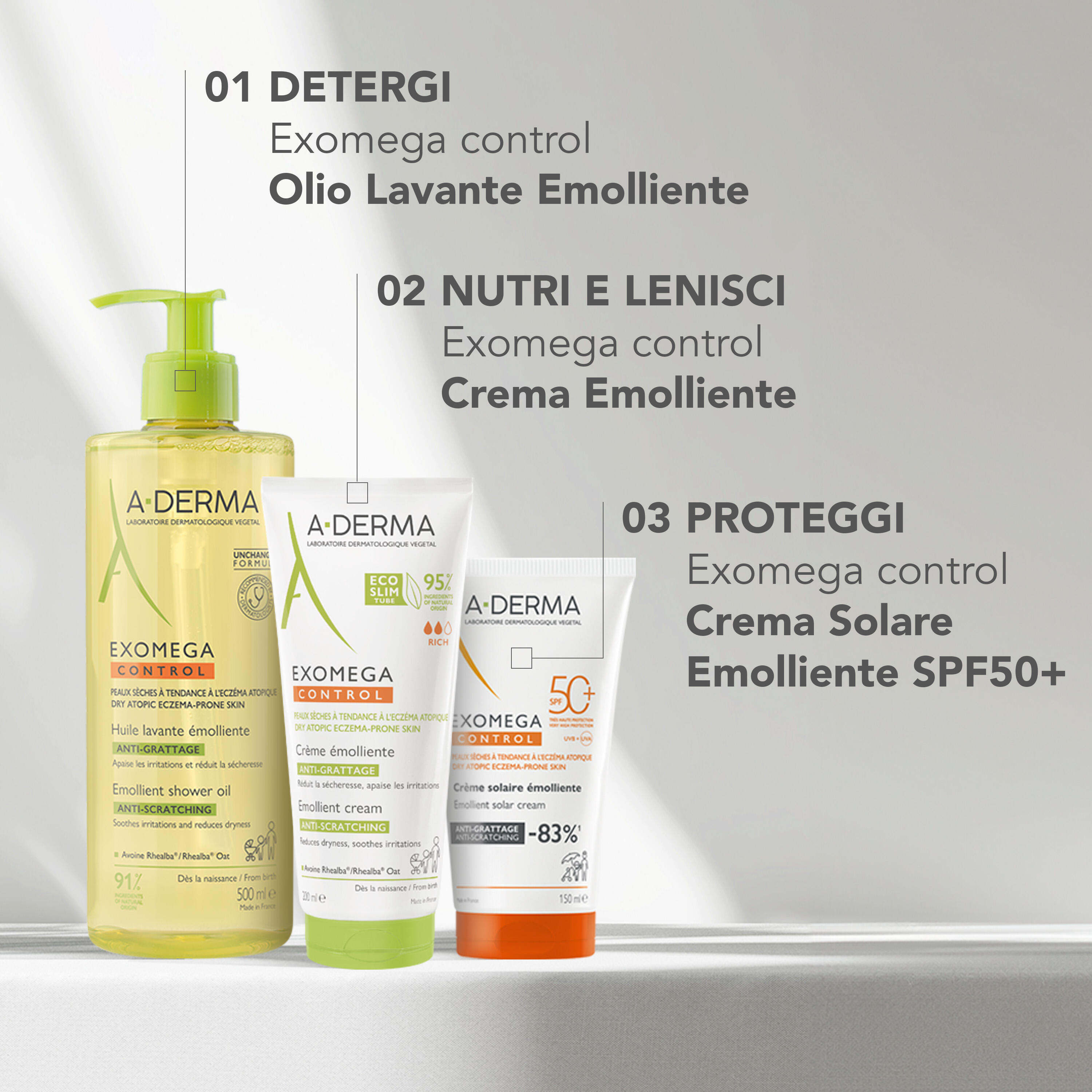 A-Derma - Exomega Control - Crema Solare Emolliente SPF50+ Viso E Corpo 150 ml