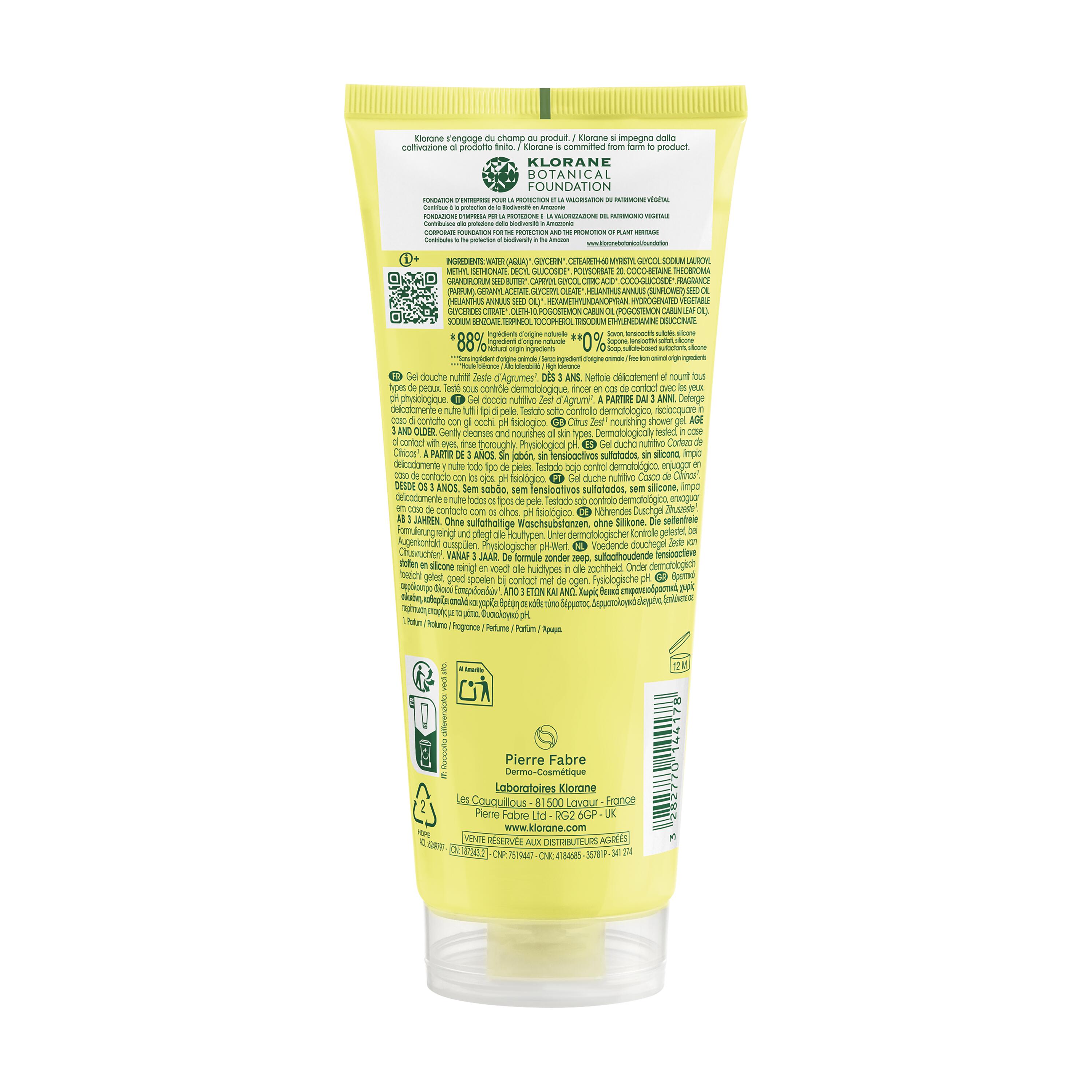 Klorane - Gel Doccia Nutritivo Al Profumo Zest D'Agrumi Per Tutti I Tipi Di Pelle 200 ml