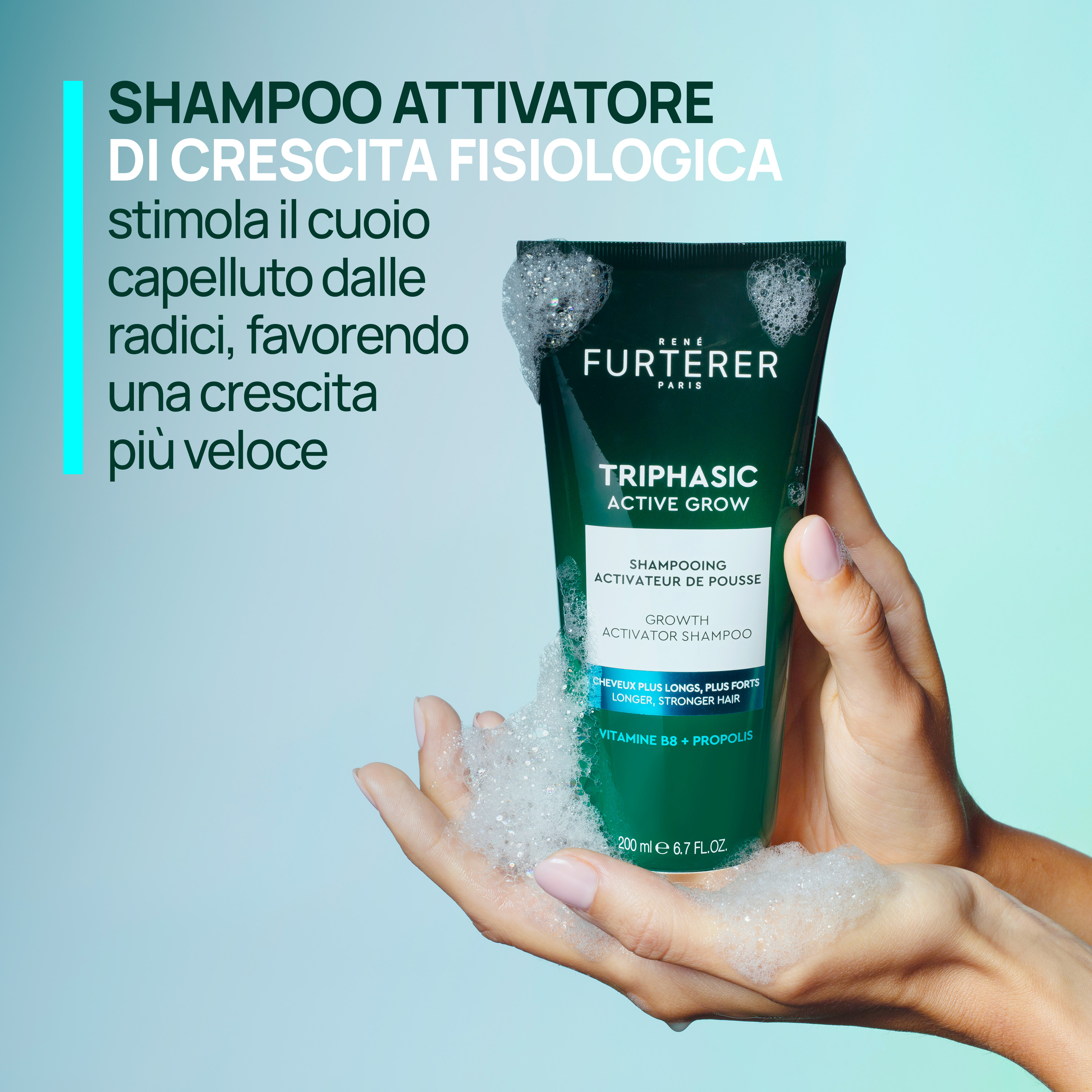 René Furterer Triphasic Active Grow Shampoo attivatore di crescita fisiologica, capelli più lunghi rapidamente, propoli, 200 ml 