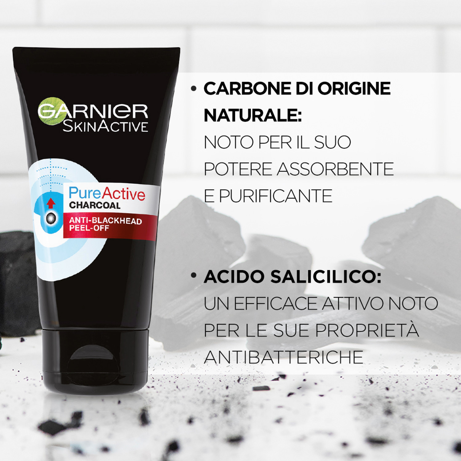 Garnier Maschera Peel-Off Pure Active Charcoal, Gel detergente arricchito con carbone e acido salicidico, Perfetto per la zona T, Anti imperfezioni e punti neri, 50 ml