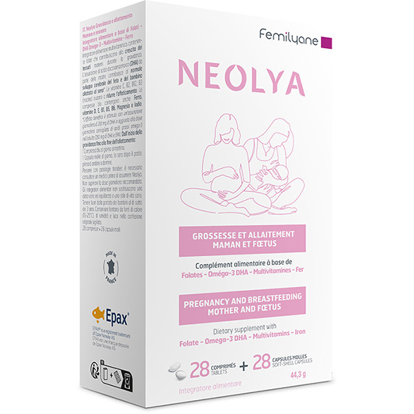 Neolya Gravidanza e Allattamento a base di Folato, Omega 3, DHA, Vitamine e Ferro - 28cpr + 28cps Molli Neolya Gravidanza e Allattamento a base di Folato, Omega 3, DHA, Vitamine e Ferro - 28cpr + 28cps Molli