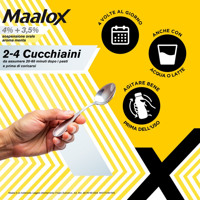 Maalox 400+400 sospensione orale, contro acidità di stomaco occasionale, 250 ml Maalox 400+400 sospensione orale, contro acidità di stomaco occasionale, 250 ml
