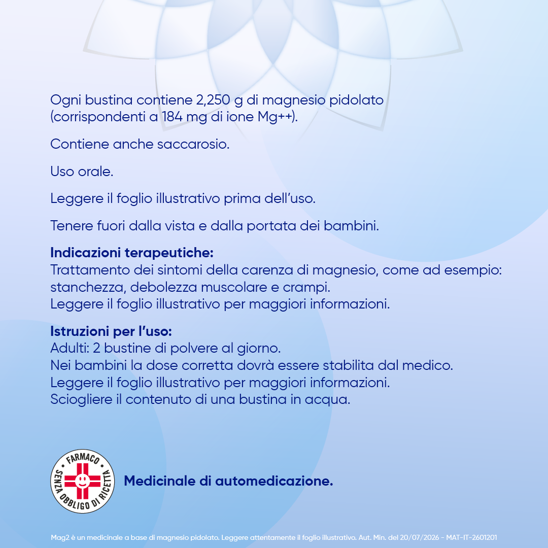 MAG2 Magnesio Pidolato 2,25 g Polvere - Soluzione Orale Per Stanchezza E Debolezza Muscolare 40 Bustine