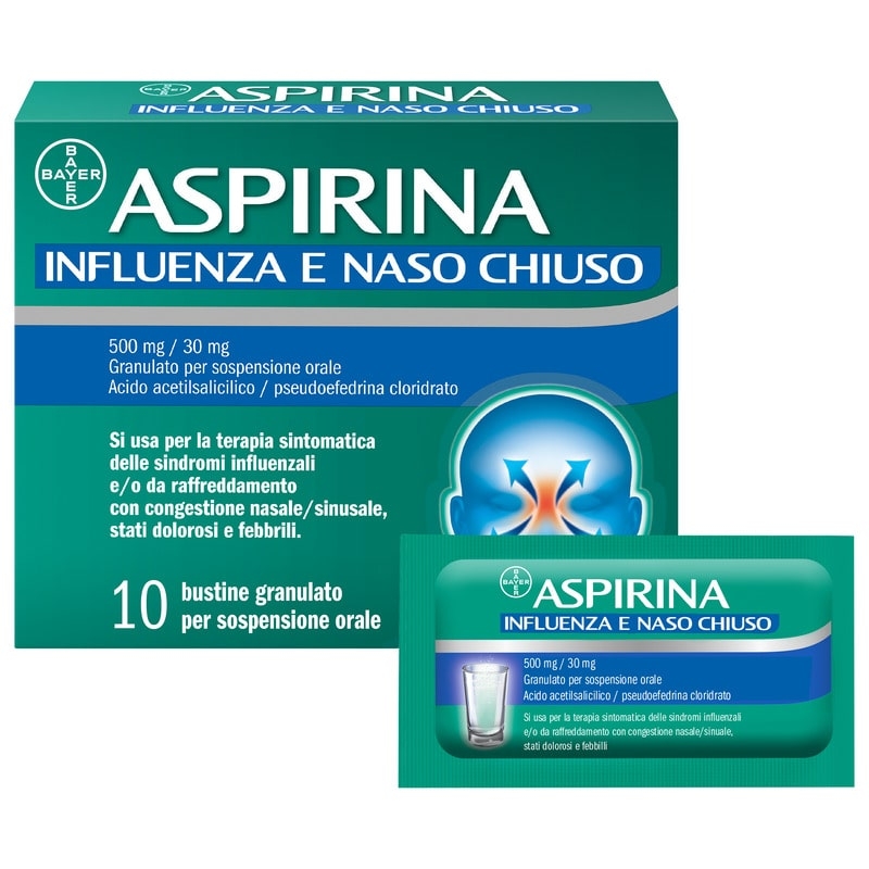 Aspirina Influenza e Naso Chiuso, Granulato per Soluzione Orale, 500mg Acido Acetilsalicilico + 30mg Pseudoefedrina, Effetto Antipiretico e Decongestionante, 10 Bustine Aspirina Influenza e Naso Chiuso, Granulato per Soluzione Orale, 500mg Acido Acetilsalicilico + 30mg Pseudoefedrina, Effetto Antipiretico e Decongestionante, 10 Bustine