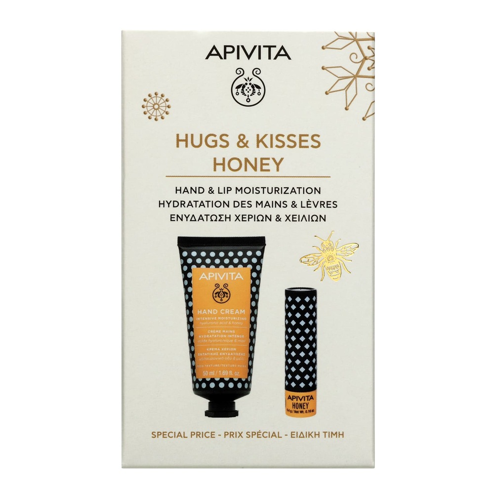 Apivita Hugs & Kisses Honey Cofanetto Regalo - Crema Mani Con Acido Ialuronico E Miele 50 ml + Balsamo Labbra Al Miele 4,4 g