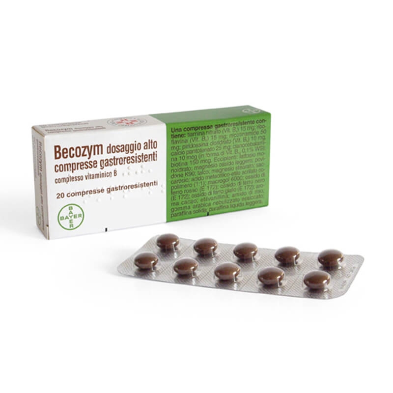 Becozym, Alto Dosaggio Vitamine gruppo B, Vitamina B1, B2, B3, B6, B5, B12 e B7, 20 Compresse Gastroresistenti Becozym, Alto Dosaggio Vitamine gruppo B, Vitamina B1, B2, B3, B6, B5, B12 e B7, 20 Compresse Gastroresistenti