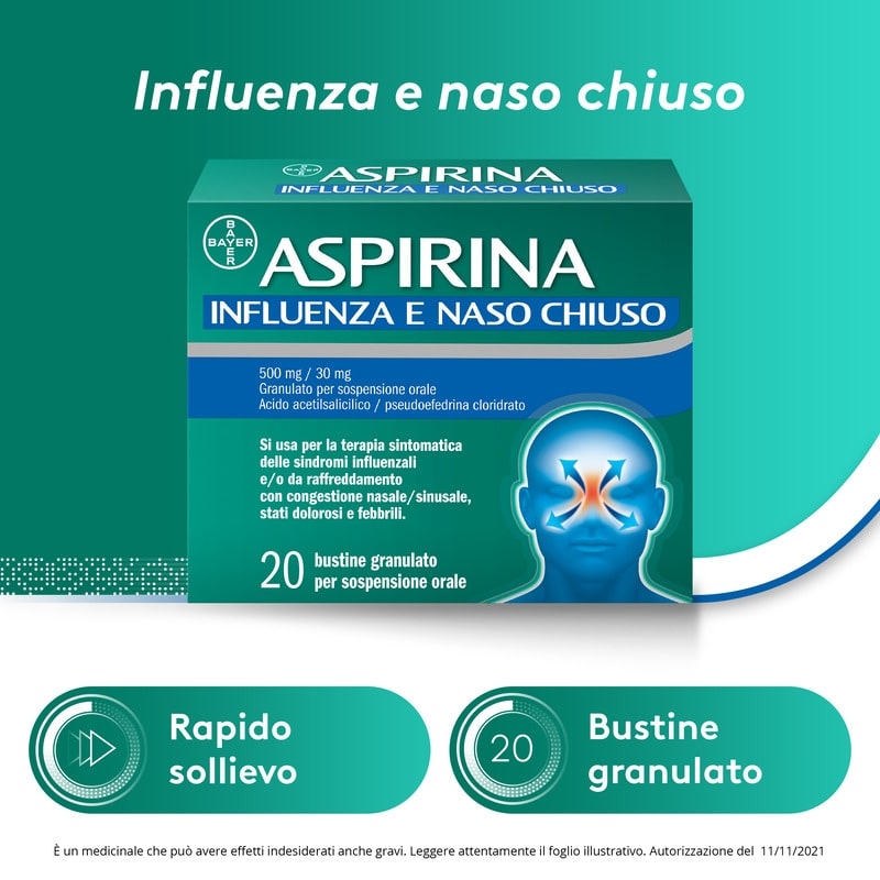 Aspirina Influenza e Naso Chiuso, Granulato per Soluzione Orale, 500mg Acido Acetilsalicilico + 30mg Pseudoefedrina, Effetto Antipiretico e Decongestionante, 20 Bustine Aspirina Influenza e Naso Chiuso, Granulato per Soluzione Orale, 500mg Acido Acetilsalicilico + 30mg Pseudoefedrina, Effetto Antipiretico e Decongestionante, 20 Bustine