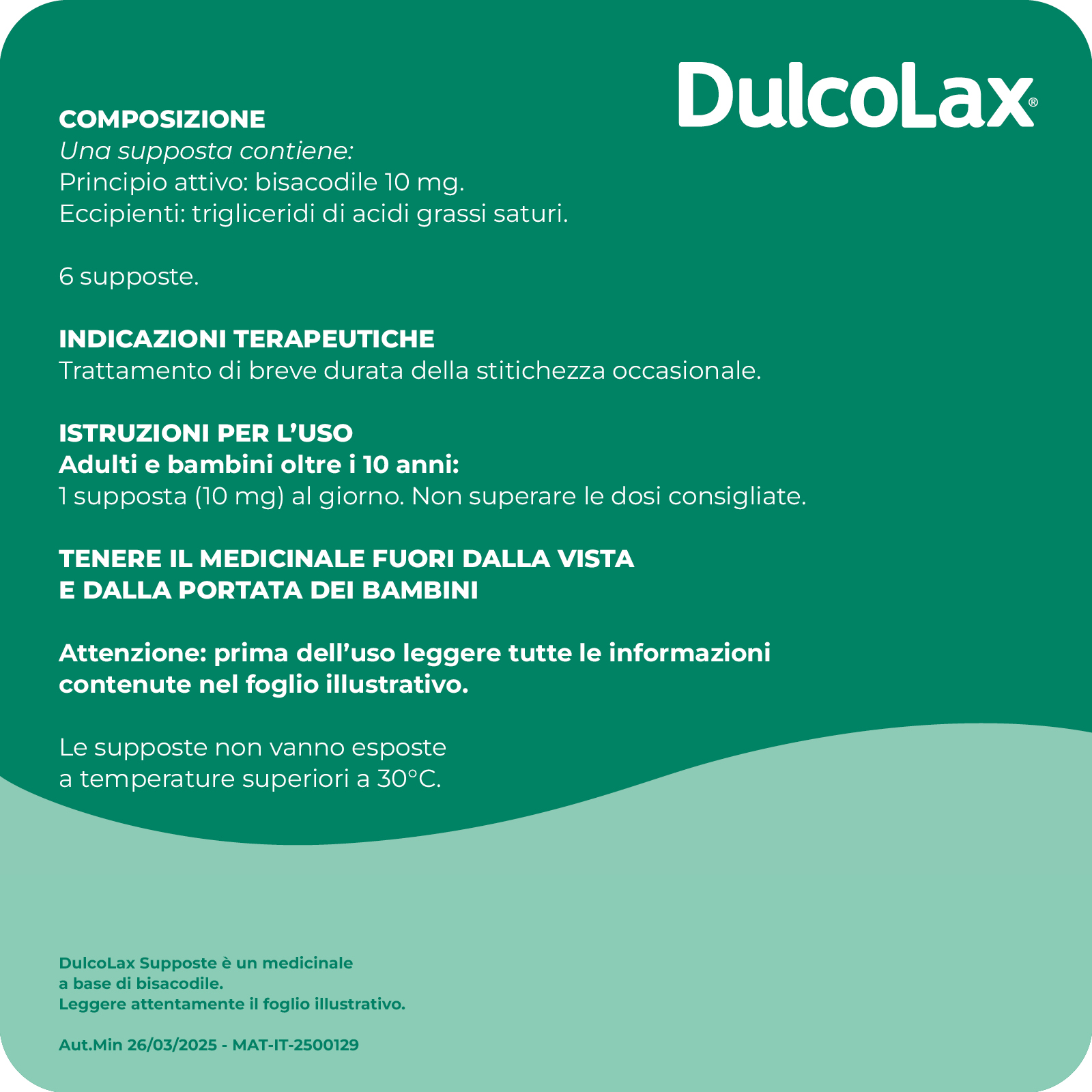Dulcolax 10 mg 6 Supposte Per Adulti - Lassativo In Caso Di Stitichezza Occasionale 