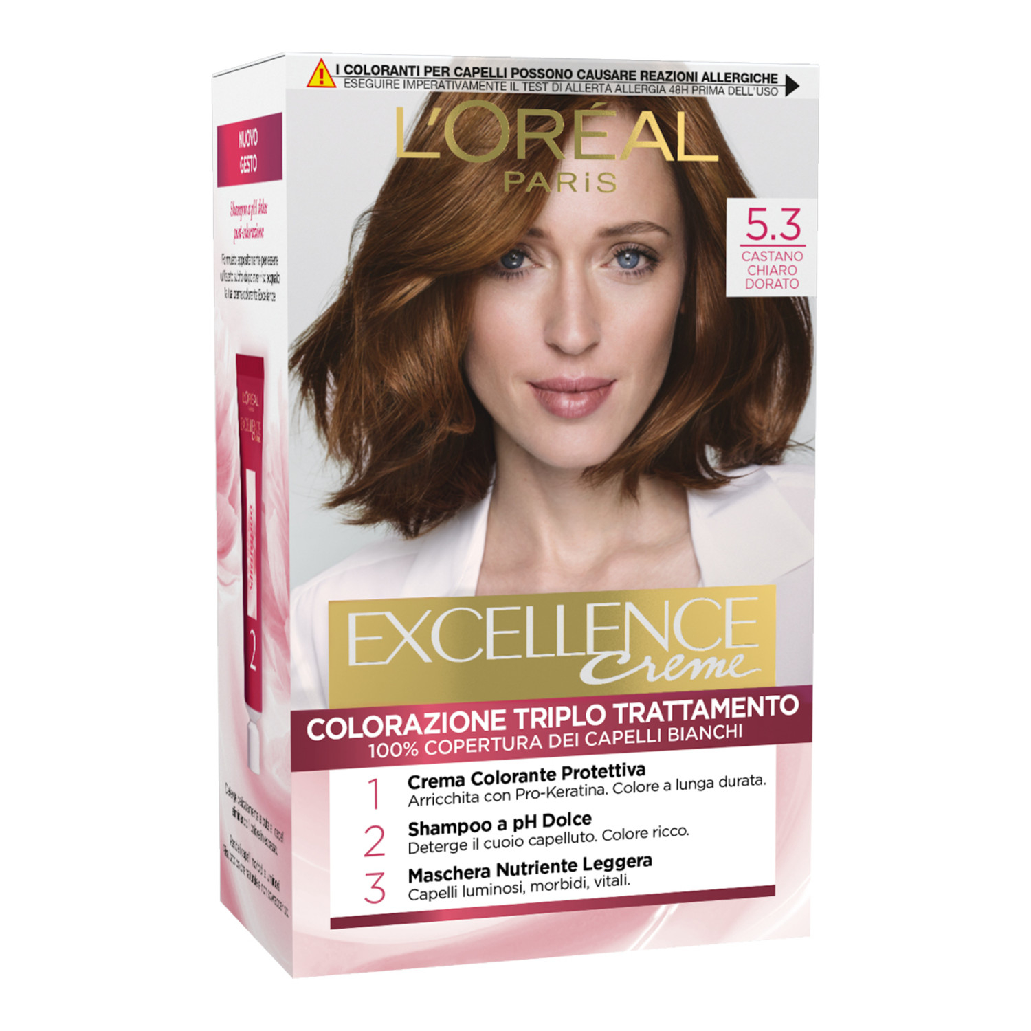 L'Oréal Paris Colorazione Triplo Trattamento Excellence, Con Acido Ialuronico, 100% Copertura Capelli Bianchi, Per Capelli Più Idratati, Castano Chiaro Dorato (5.3)