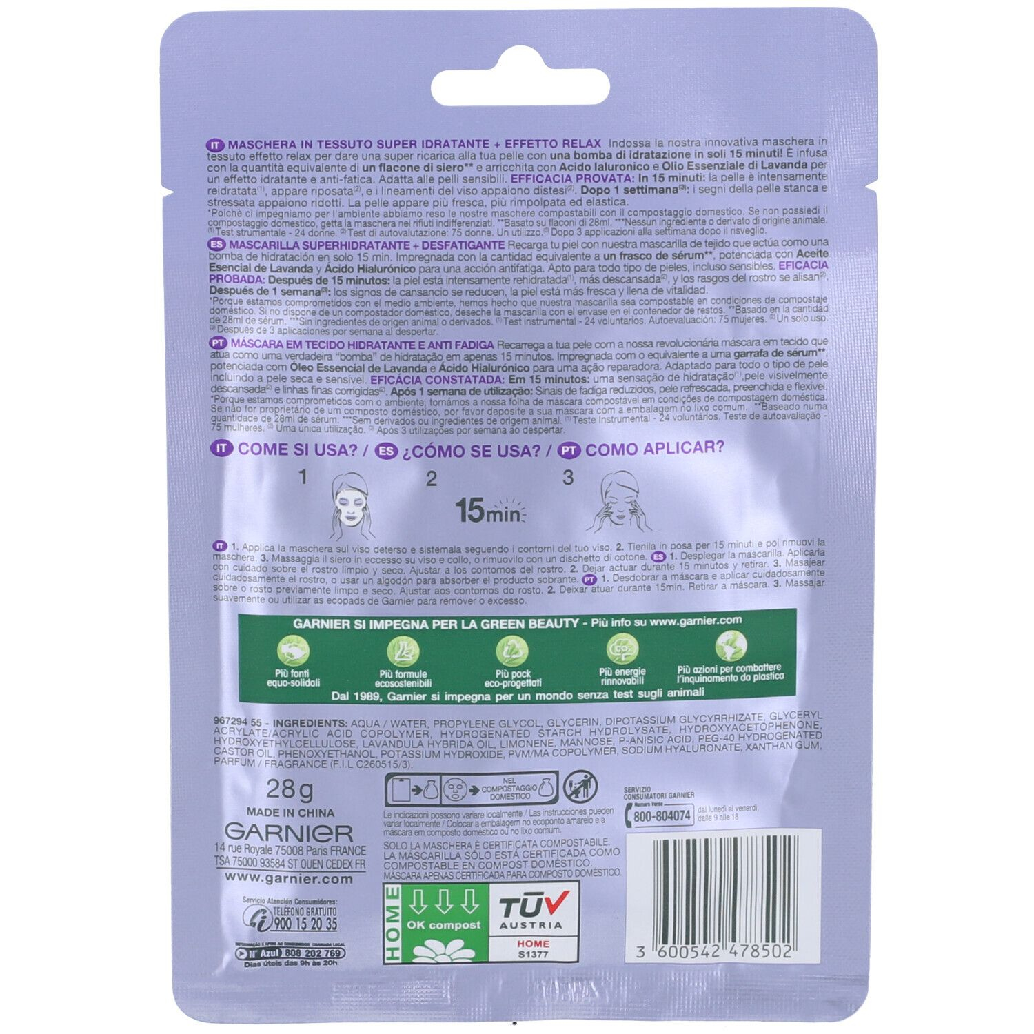 Garnier Maschera in Tessuto Skin Active Hydra Bomb Lavanda, Formula Super Idratante ed Effetto Relax, Per Pelli Stressate, con Acido Ialuronico e Lavanda