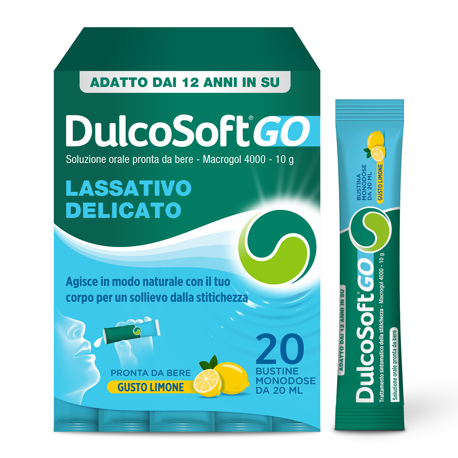 DulcoSoft Go Soluzione Orale 20 Stick Gusto Limone - Lassativo Delicato Con Macrogol 4000 In Caso Di Stitichezza