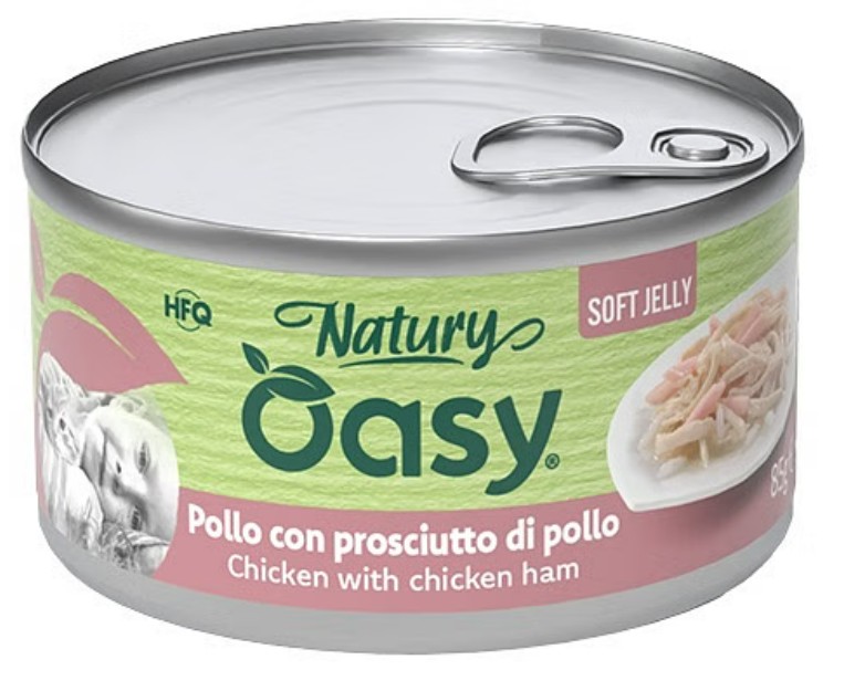 OASY GATTO NATURY SOFT JELLY POLLO CON PROSCIUTTO DI POLLO 150GR (lattina)