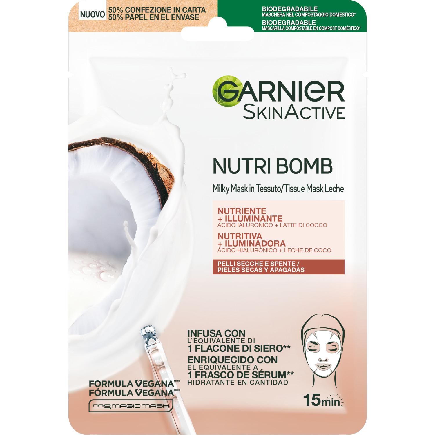 Garnier Maschera in Tessuto Nutriente Illuminante NutriBomb, Ideale per Pelli Secche e Spente, Arricchita con Latte di Cocco e Acido Ialuronico, 28 g
