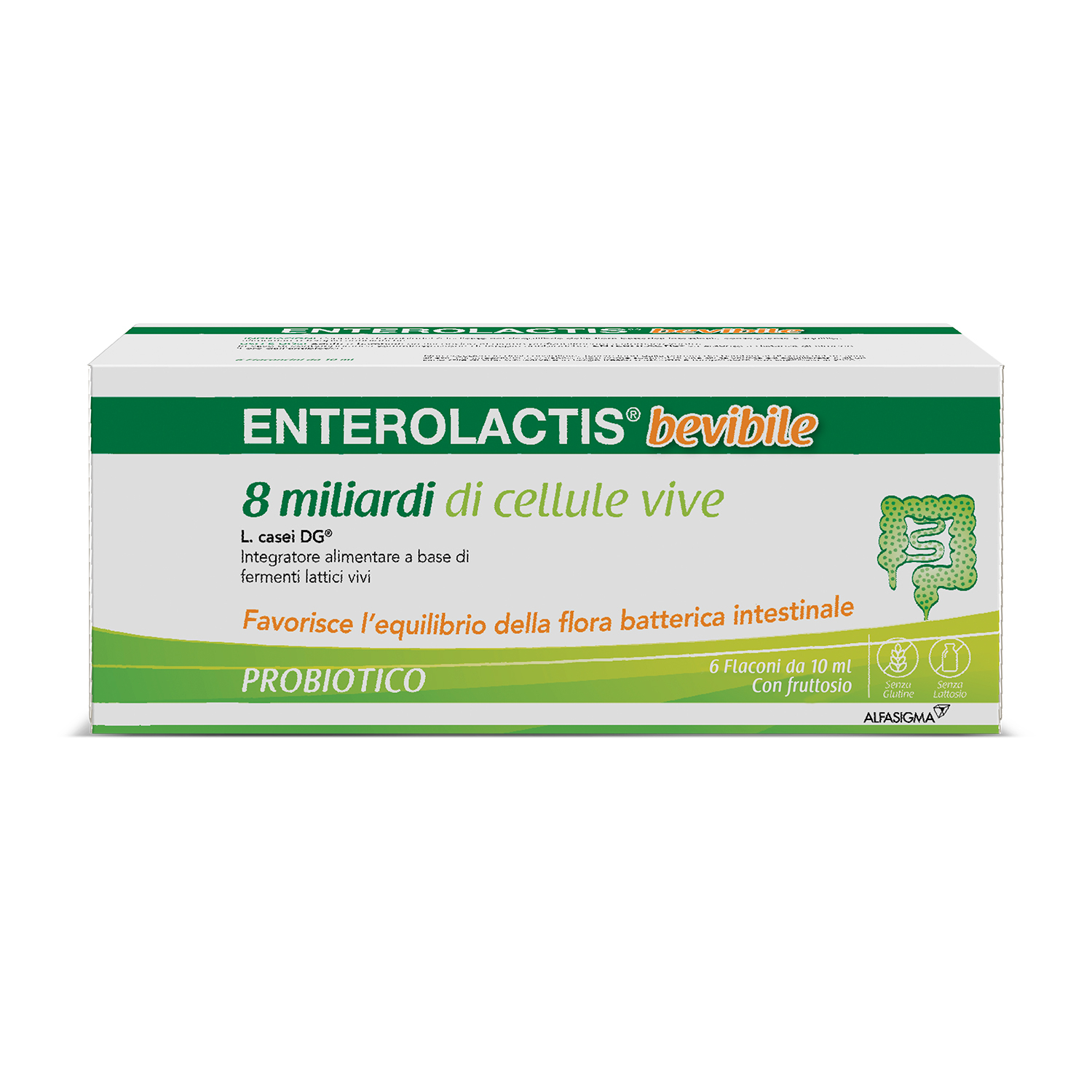 Enterolactis Bevibile, Integratore Alimentare con Fermenti lattici, probiotici L,Casei DG, 8 Miliardi Cellule Vive, Senza Glutine e Lattosio, 6 Flaconcini da 10ml, Gusto Fragola