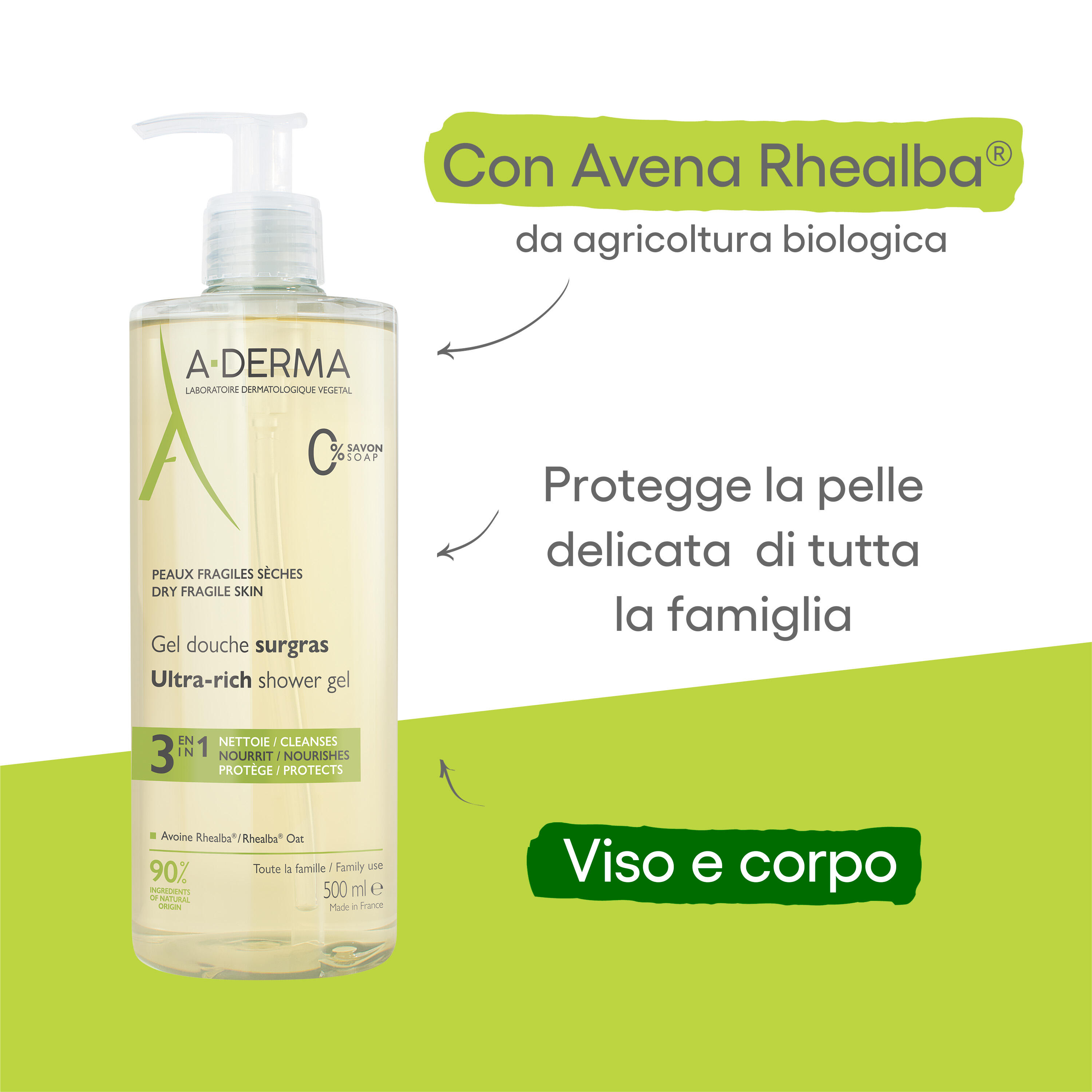 A-Derma - Les Indispensables Gel Doccia Surgras Viso E Corpo Per Pelle Secca E Fragile 500 ml