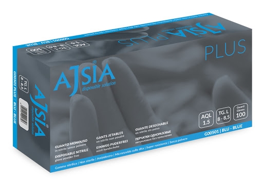 AJSIA GUANTO MONOUSO in NITRILE PLUS TAGLIA  M senza polvere Colore Blu 100 PEZZI