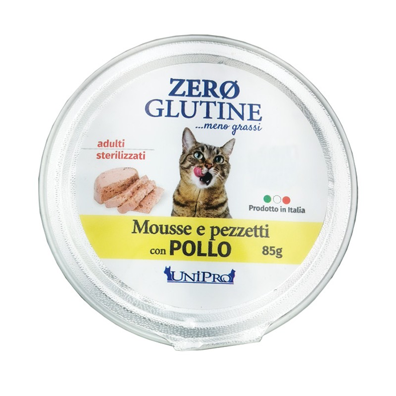 UNIPRO GATTO ZERO GLUTINE ADULTI STERILIZZATI MOUSSE POLLO 85GR (vaschetta)
