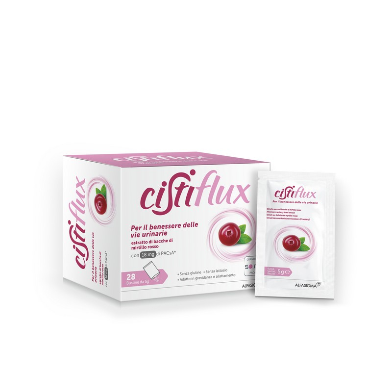Cistiflux A18, Integratore Alimentare a Base di Estratto Concentrato di Mirtillo Rosso, Cranberry Americano, Che Favorisce la Funzionalità delle Vie Urinarie, utile in caso di cistite, 28 Bustine, Gusto Frutti di Bosco