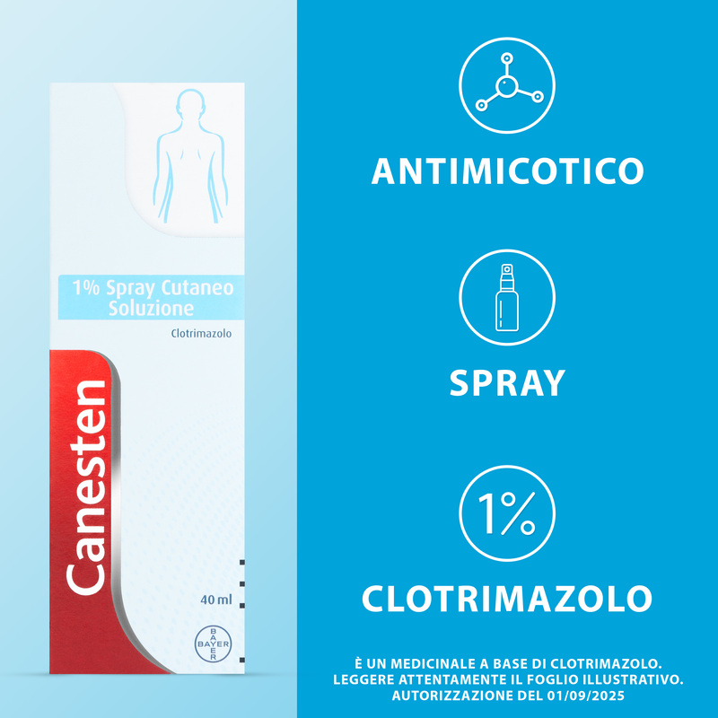 Canesten Spray cutaneo, per il Trattamento di Micosi, Funghi della Pelle e Piedi, a base di Clotrimazolo 1%,  con azione Antifungina e Antimicotica, Flacone da 40 ml