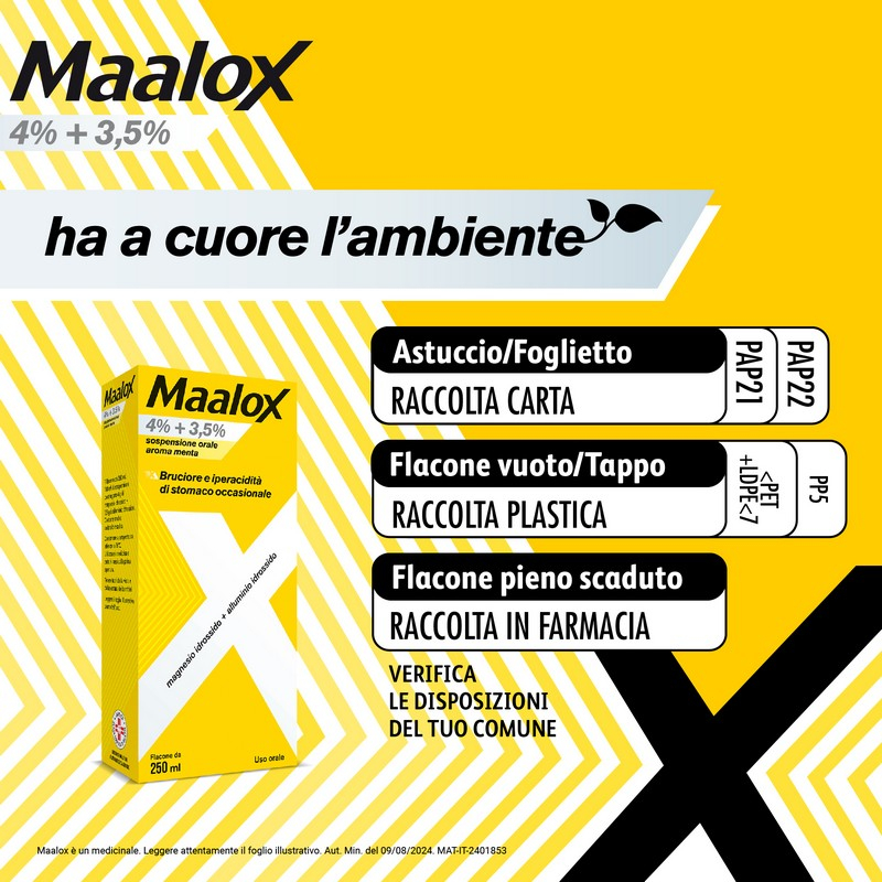 Maalox 400+400 sospensione orale, contro acidità di stomaco occasionale, 250 ml Maalox 400+400 sospensione orale, contro acidità di stomaco occasionale, 250 ml