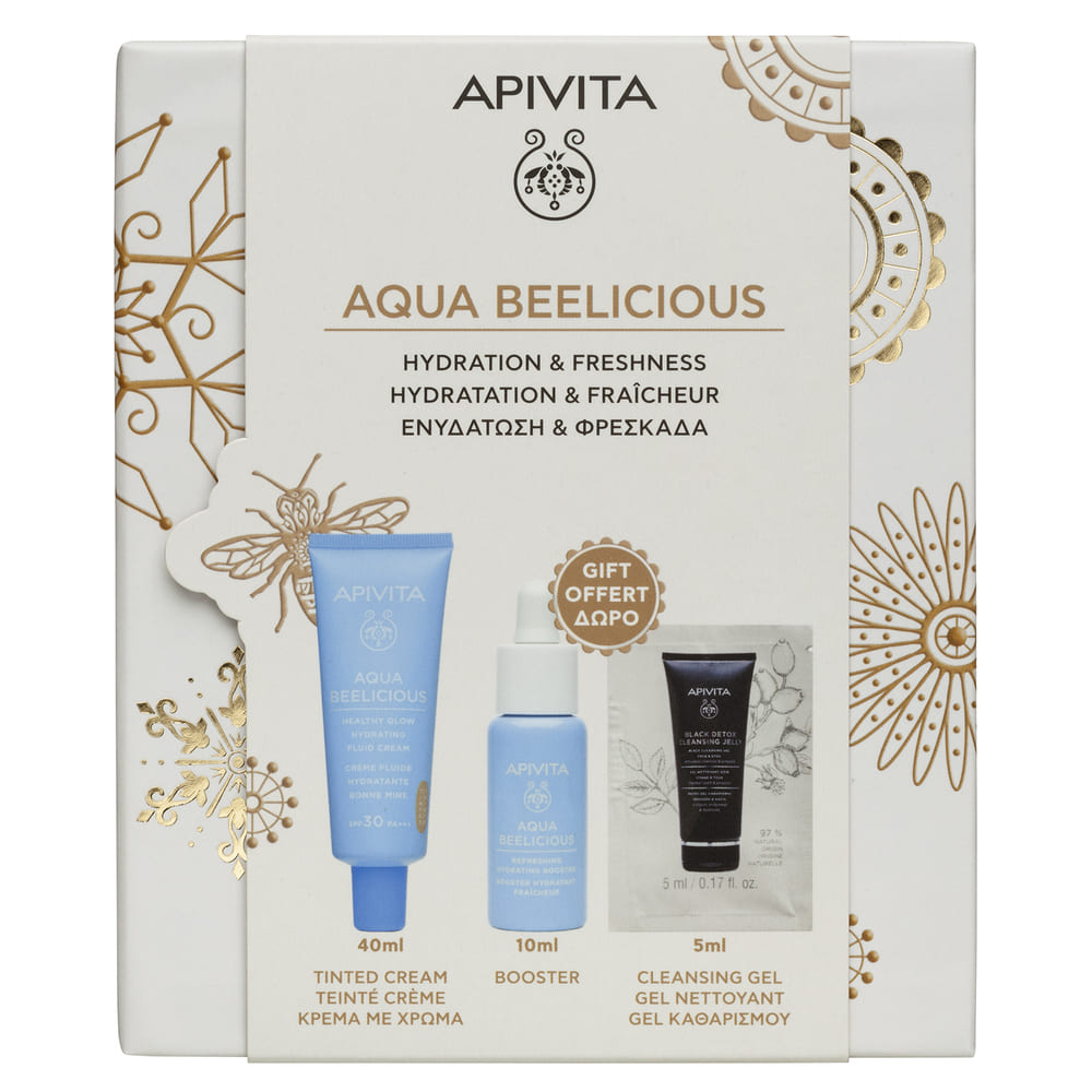 Apivita Aqua Beelicious Cofanetto Regalo - Crema Fluida Idratante Tinted 40 ml + Booster Rivitalizzante Idratante 10 ml + Gel Detergente Nero Viso Occhi 5 ml